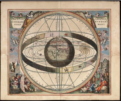 Da Harmonia Macrocosmica di Andreas Cellarius, 1660/61. Carta che mostra i segni dello zodiaco e il sistema solare con il mondo al centro. Tavola 2 da Jan van Loon  
